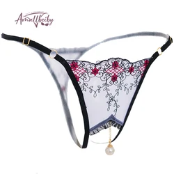 Pearl Pendant Open Thongs Women Underwear Crotchless Embroidery G String Tanga Briefs Lace Transparent Sexy Lingerie