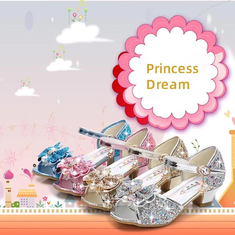 Girls Sandals Rhinestone Butterfly Latin Dance Kids Shoes Children High Heel Princess Shoes Glitter Leather Party Dress Wedding