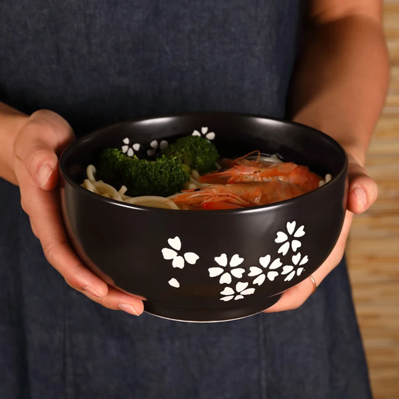 Japanese Ceramic Ramen Bowl with Lid, Large Noodles Fruit Soup Bowls, Kitchen Tableware, Bring Wooden Spoon, Chopstick