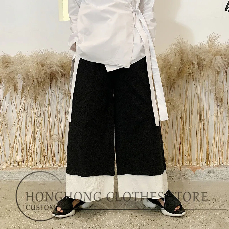 

New design black wind loose wide leg casual pants contrast color patchwork cotton hemp nine sub pants