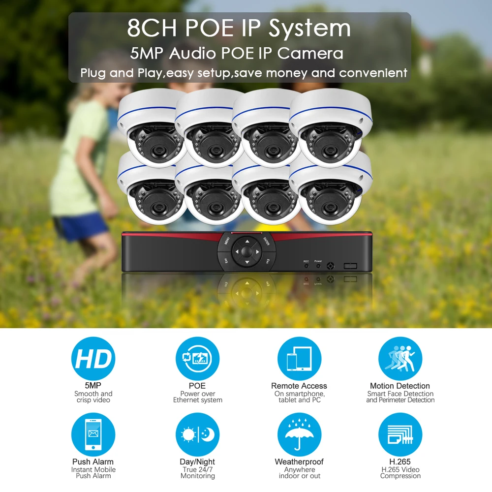 Gadinan HD Face Detection 8CH 5MP NVR Kit Audio Vandal-proof Dome POE IP Camera CCTV Security System Outdoor Video System Set