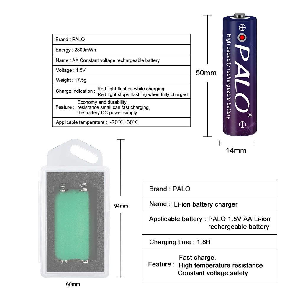 PALO AA 1.5V Li-ion Rechargeable Battery 2800mWh 1.5V Lithium AA Rechargeable Batteries 1.5v AA Battery for Remote Control Toy