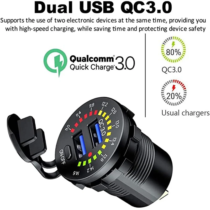 QC 3.0 듀얼 USB 자동차 담배 라이터 충전기, 방수 LED 스트리머 전압계 ON/OFF 스위치, 보트 자동차에 적합, 12V-24V