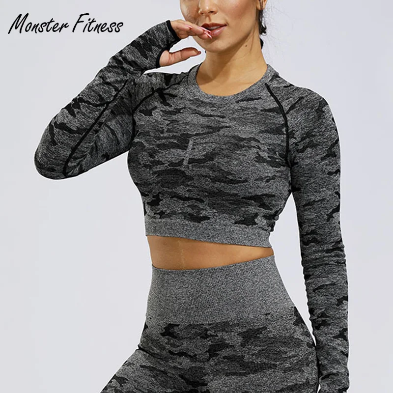 

2012 Camo Yoga T-Shirts Gym Seamless Crop Tops For Women Compression Women's Sport T Shirt Running Shirt Sweatshirt