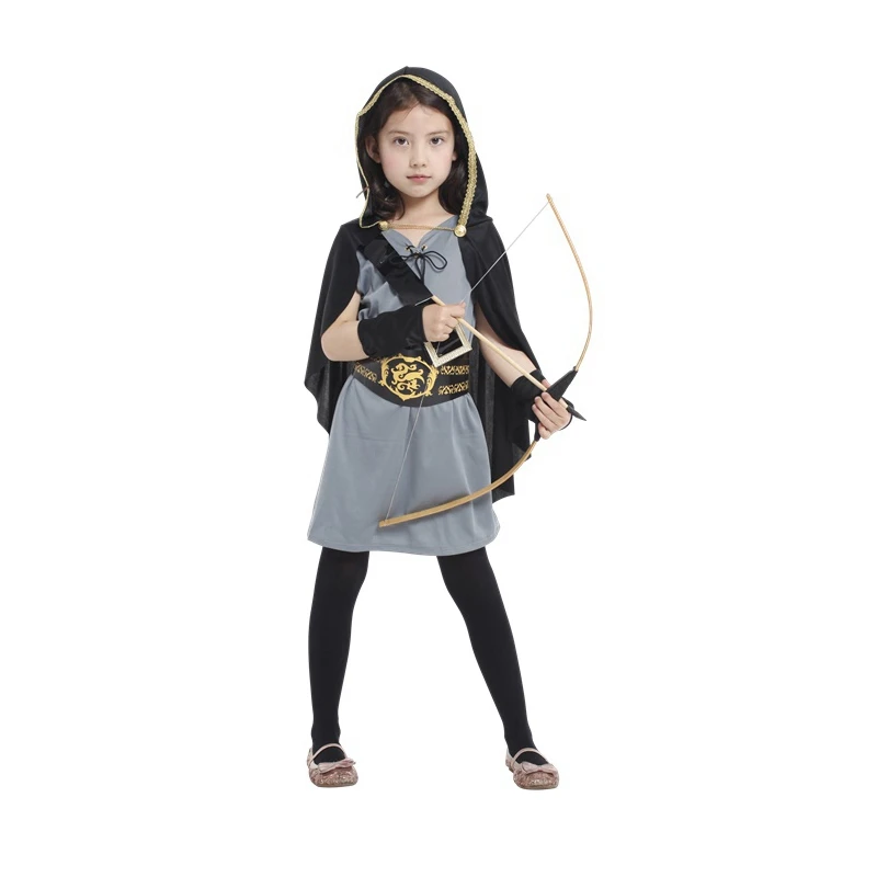 4-10Y bambino bambini con cappuccio Archer Huntress Costume per ragazze medievale guerriero cavaliere vestito operato Halloween Purim vestiti Umorden