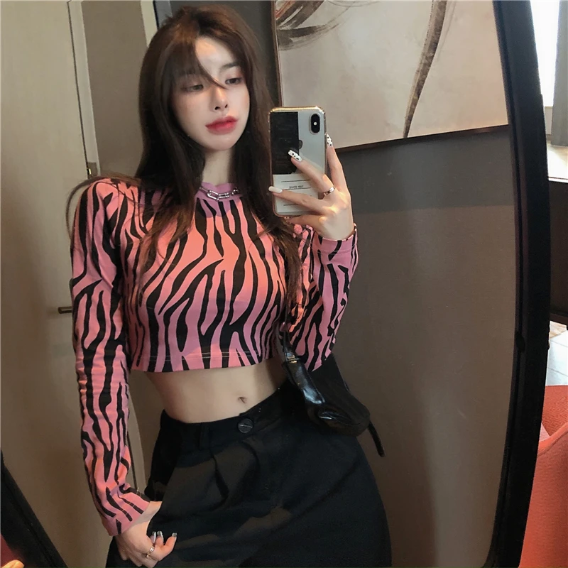 Tonngirls Streetwear Zebra Crop Tops Sweater Women Sexy Long Sleeve O Neck Autumn Pullover Ladies Jumpers Slim Y2k Knit Tops