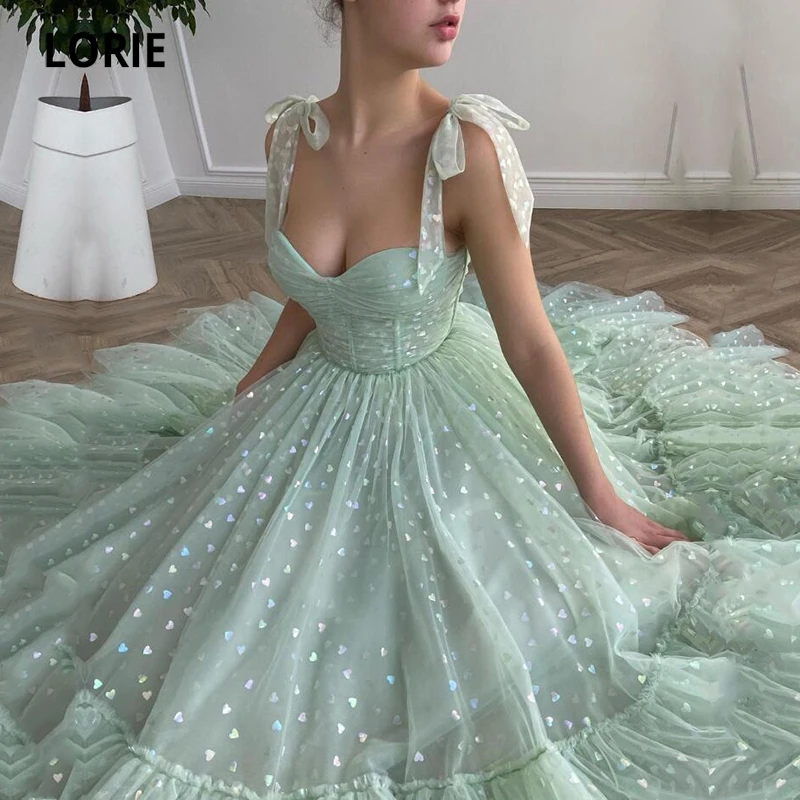 LORIE Shiny Fairy Prom Dresses Sweetheart Mint Green Tulle Tea Length Party Gowns Short Graduation Cocktail Gowns Customized