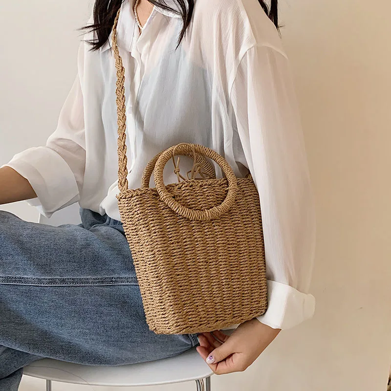 

Round Handle Design Straw Rattan Crossbody Bag For Women 2021 Simple Trendy Luxury Summer Solid Color Handbags Female Travel