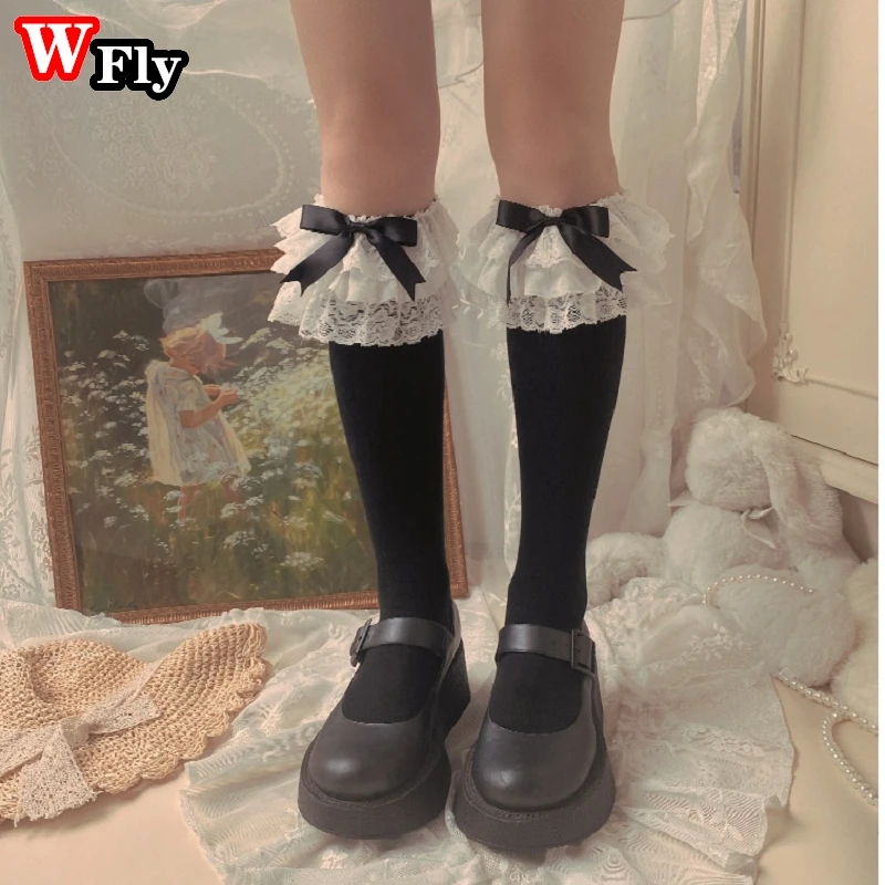 Harajuku Women Girls Sweet Lolita Black White Knee High Socks Bowknot Ruffled Frilly Lace Japanese Student Princess Stockings