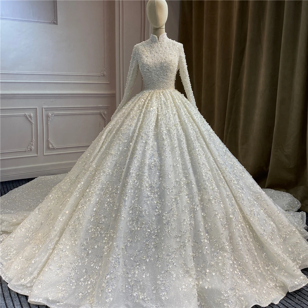 

Luxurious Pearls Wedding Dresses High Neck Lace Appliques Bridal Gowns Custom Made Long Sleeves Floor Length Vestido de novia