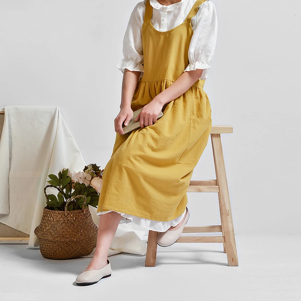 Women Lady Kitchen Apron Dress Cotton Linen Pinafore Square Cross Apron Cooking Garden Work Pinafore Dress Plus