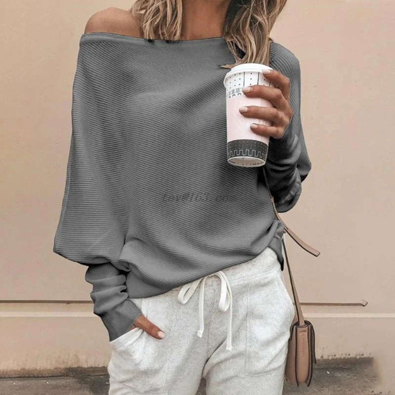 Womens Autumn Spring Off Shoulder Sweater Long Batwing Sleeves Solid Color Knitted Pullover Tops Loose Casual Knitwear Jumper