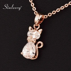 SINLEERY Charm Cubic Zircon Cat Pendant Animal Shaped Necklace For Women Rose Gold Silver Color Chain Jewelry XL534