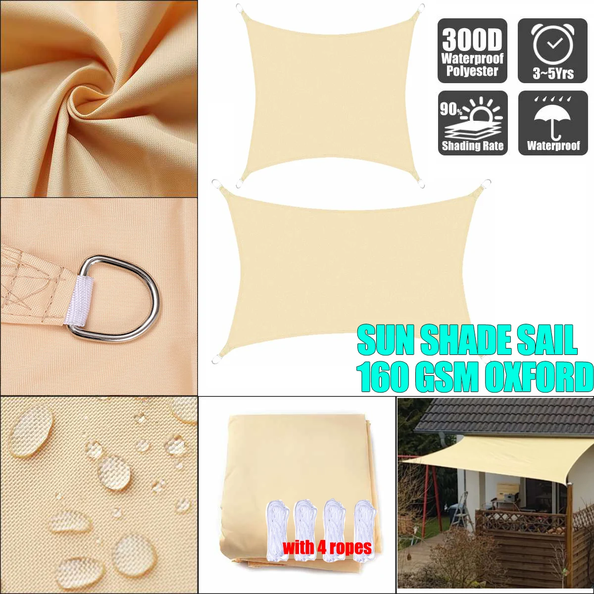 

Beige 300D Waterproof Polyester Square Rectangle Shade Sail garden terrace Canopy swimming Sun shade Camping Hiking Yard sail