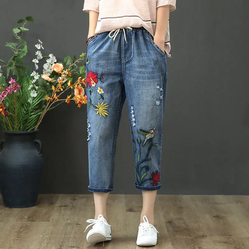 Jeans High Waist Women Retro Straight Trousers For Female Ankle Length Pants Elastic Waist Harem Pant Hole Embroidered Jeans