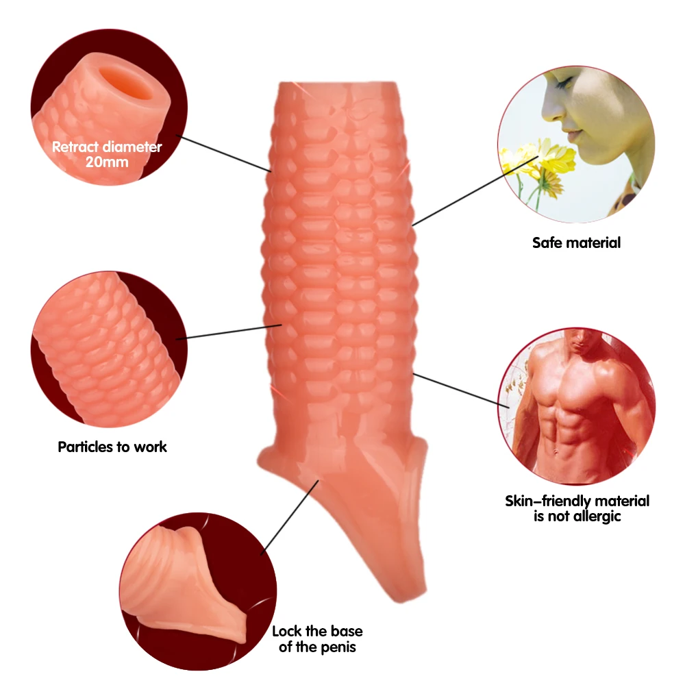 Silicone Reusable Penis Sleeve Flexible Glans Penis Enlarger Extender Delay Ejaculation Cock Ring Sleeve Adult Sex Toys For Men