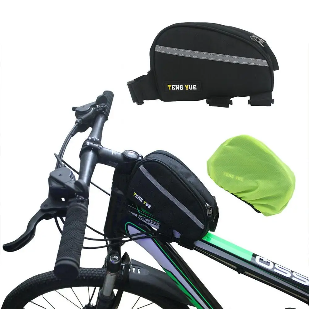 Bicycle phone bag Tube Bag Bicycle Front Frame Pannier Pouch Pack Case MTB with Green Rain Cover 10x17x5cm