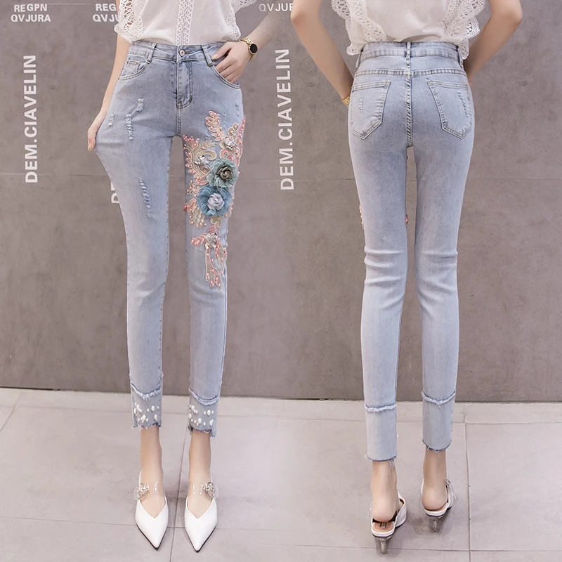 Women Skinny Pencil Pants 2022 Summer 3D Flower Embroidery Pearl Beading High Waist Elastic Denim Jeans Long Trousers Light Blue