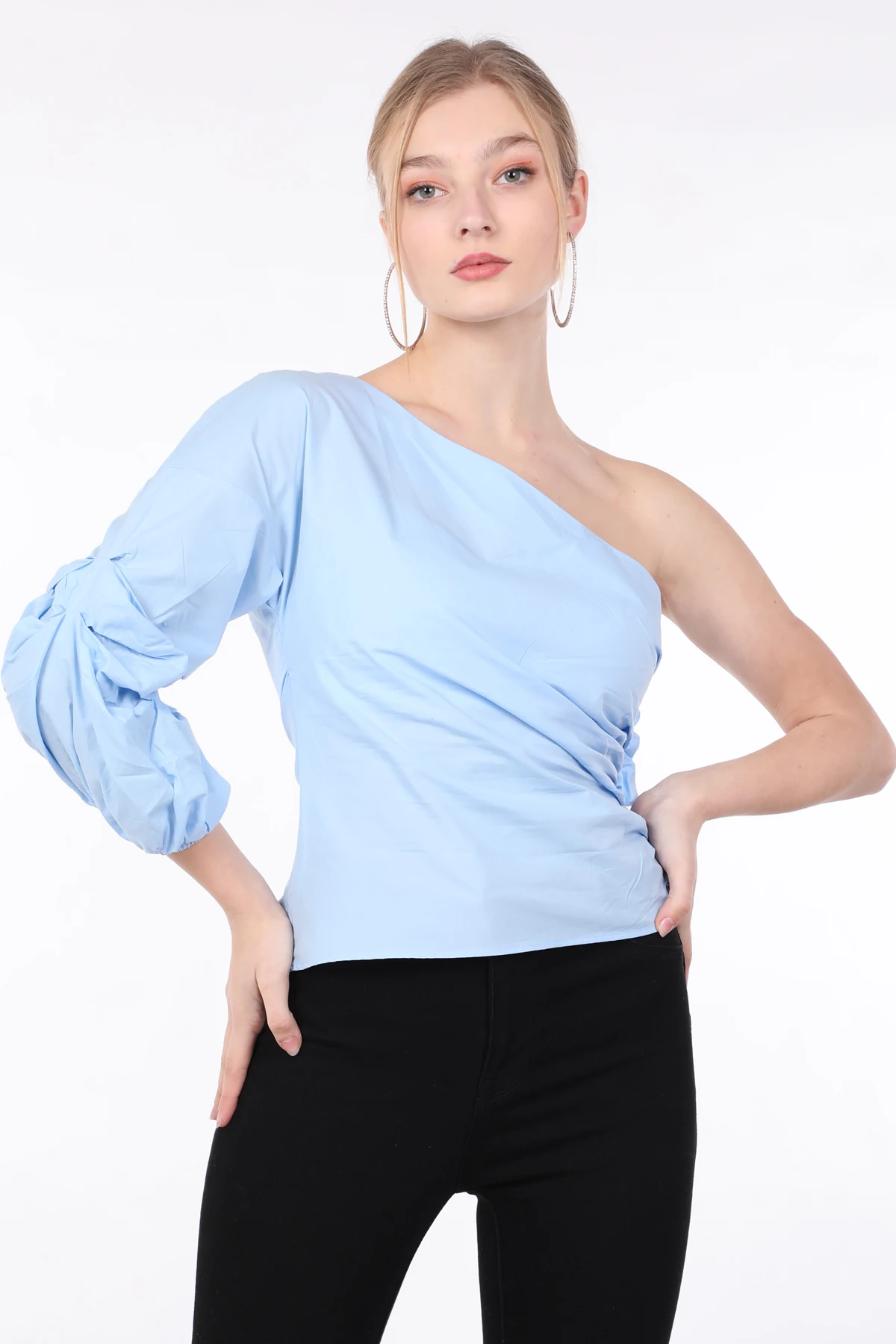 Women's Blue Single Sleeve Frilled Blouse