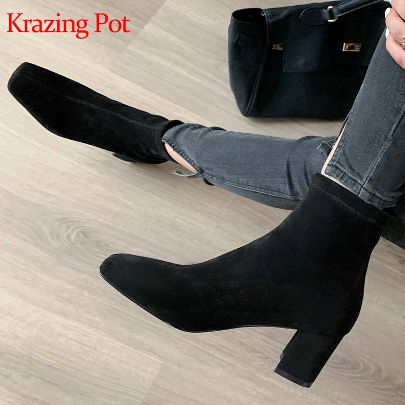 Krazing Pot Microfiber Square Toe Street Wear Chelsea Boots Plus Size 43 Slip On Med Heels Superstar Work Stretch Ankle Boots