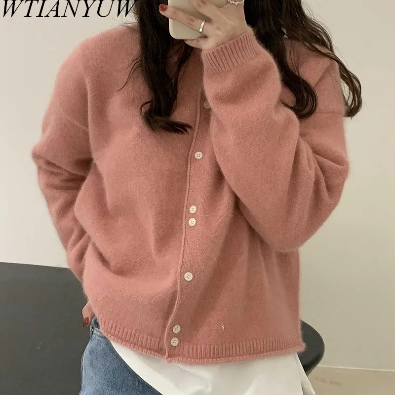 

WTIANYUW 2021 New Autumn O Neck Knitted Cardigan Tops Fashion Women Pink Single Breasted Soft Long Sleeve Loose Sweater Coat