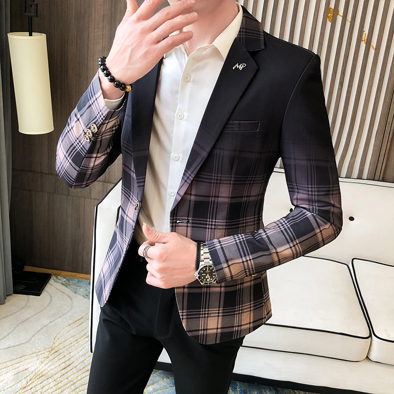 2024 Spring Men\'s Plaid Blazer Fashion Business Casual Men\'s Slim Suit Jacket Large Size Casual Banquet Wedding Party Club Dress