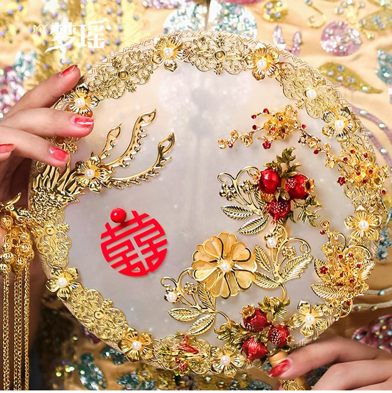 NiuShuya Elegant Jewelry Wedding Bouquet Silk 3D Fan Pomegranate Red Bead Golden Phoenix Metal Round Hand Flower Fan for Bridal