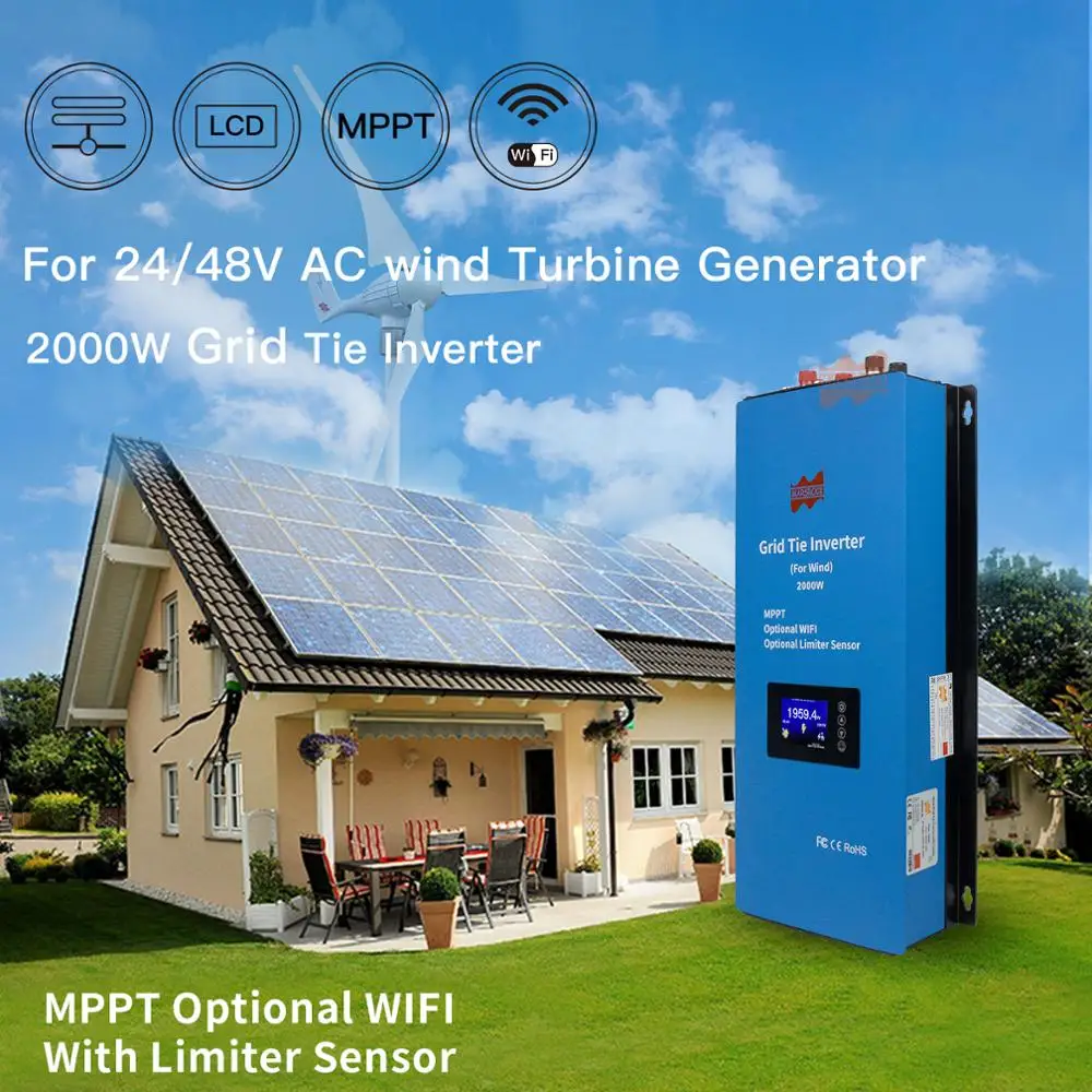 Imagem -06 - Grade Inversor com Sensor Limitador Gerador de Turbina Eólica Mppt Wifi Monitor Bateria Descarga Dc22-90v a Ac95265v 2000w 48v na