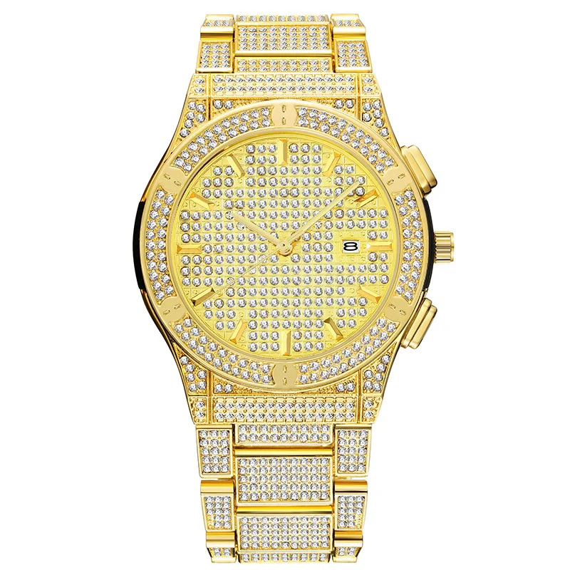 

Hip Hop Mens Date Quartz Watch Waterproof Watches CZ Stone Paved Bling Iced Out Stainless Steel Watch for Men Charm Jewelry