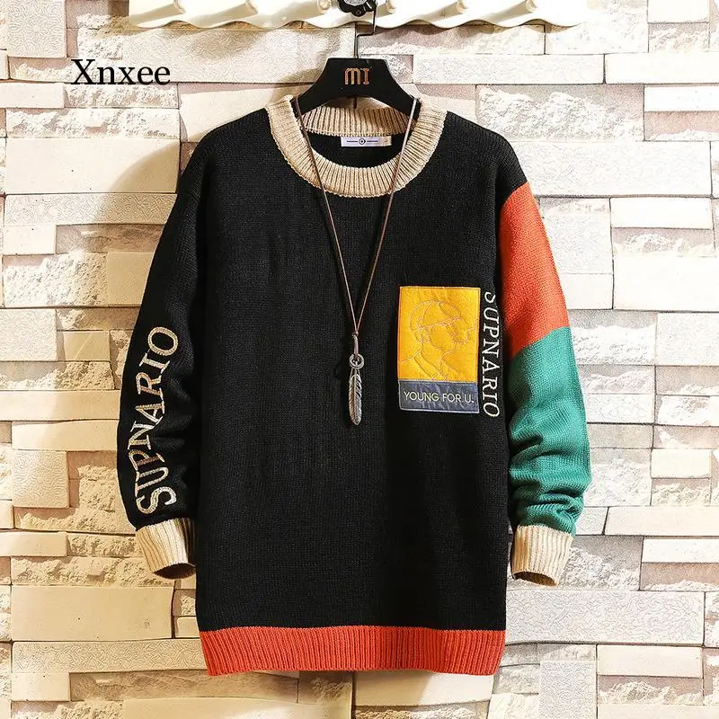 

New Sweaters Men's Black Patchwork Long Sleeves Spring Autumn Pullover Knitted O-Neck Winter Plus Oversize 5Xl Clothing Tops