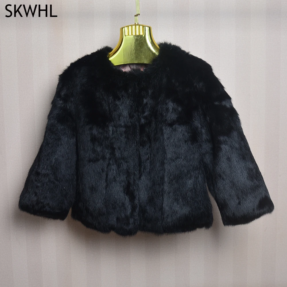 Genuine Full Pelt Fur Jacket Women\'s Design Rabbit Fur Coat Natural Wholeskin Fur Coat O-Neck Fashion Slim Thin Rabbit Fur Coat