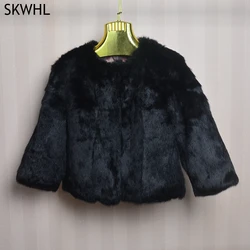 Genuine Full Pelt Fur Jacket Women's Design Rabbit Fur Coat Natural Wholeskin Fur Coat O-Neck Fashion Slim Thin Rabbit Fur Coat