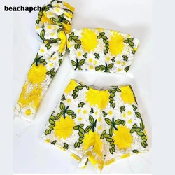 Beachapche Lace Duff Sleeve Top & Short Sets Yellow One-Sholder Vest Shorts Two Piece Set Club Outfit Women Hollow out Top Sexy