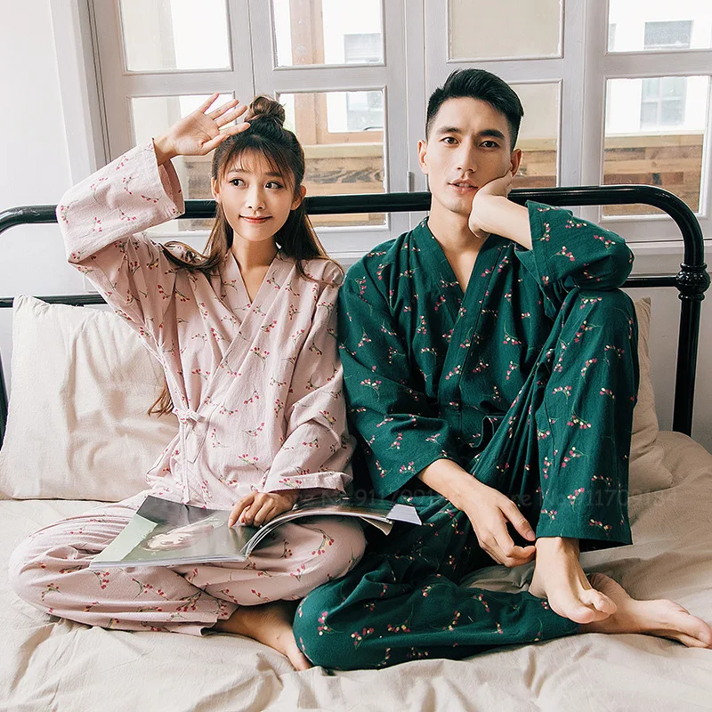 

Men Women Home Indoor Cotton Pajamas Set Japanese Style Kimono Yukata Bathrobes Couples Sleepwear Spa Sauna Robes Tops Pants