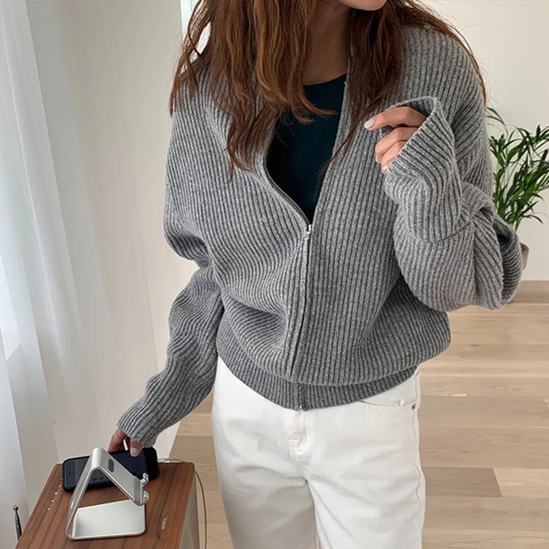 Grey Knitted Coat Women New Spring Autumn Korean Style Vintage Loose Sweater Outwear Zipper Stand-Up Collar Tops Casual