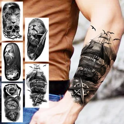 Black Pirate Ship Temporary Tattoos For Women Men Realistic Lion Vampire Compass Flower Fake Tattoo Sticker Forearm Tatoos DIY