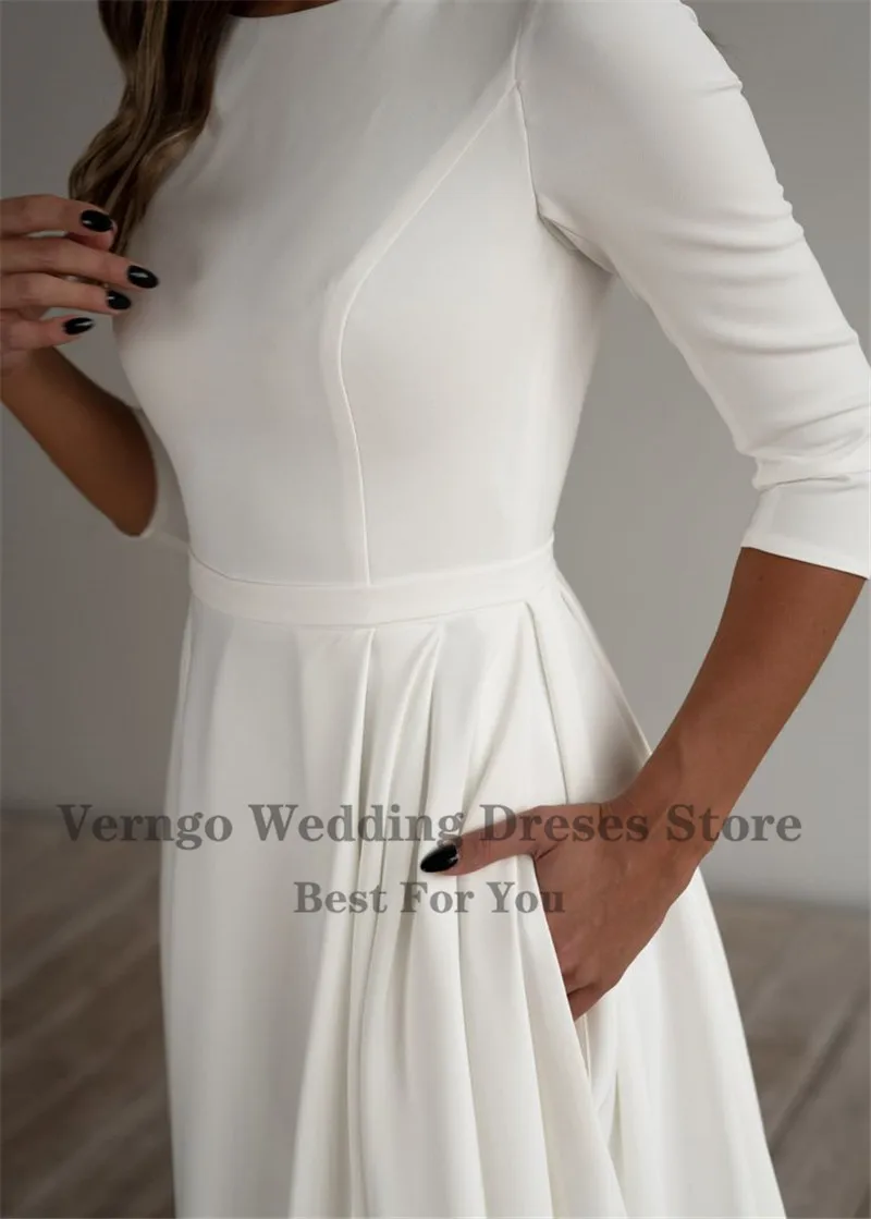 Verngo Simple Wedding Dress Long Sleeves A Line Crepe Boat Neck Elegant Bridal Dresses With Pockets Plus Size Customized