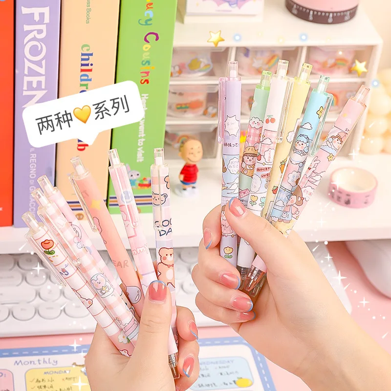 6Pcs New Ball Point Cute Cartoon Vigorous Girl and Vigorous Bear Pattern Large Capacity Gel Pen Creative School Office Supply