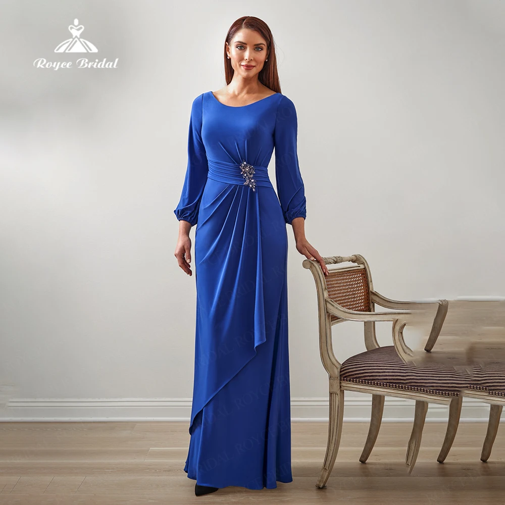 

Stunning Blue Mother of the Bridal Dresses Long Sleeves Chiffon Party Gown for Mom vestido de madrinha Plus Size Custom Made
