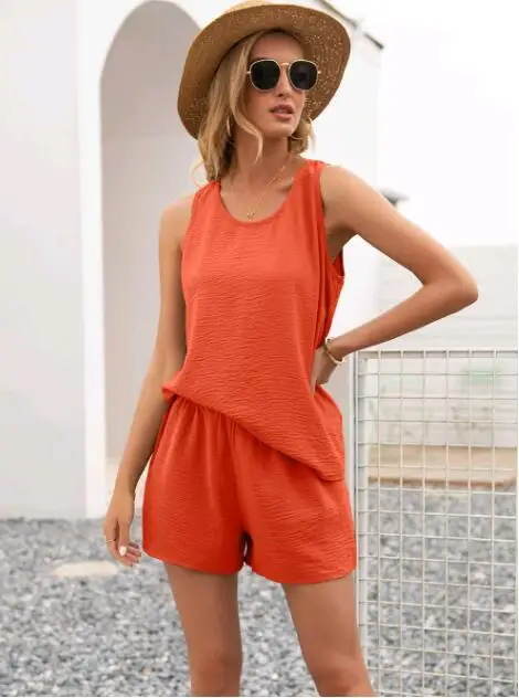 Summer Two Piece Set Women 2022 Chiffon Solid Shorts Sets Vintage Vest Loose T Shirt High Waist Loose Shorts Mujer Sets