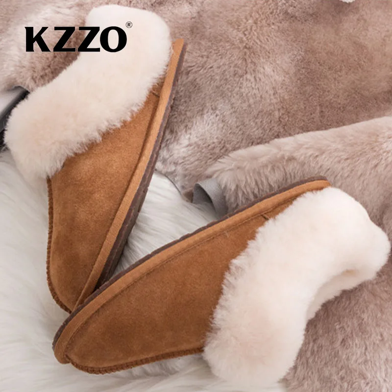 KZZO New Arrive Natural Sheepskin Woman Casual Wool Slippers Winter Warm Sheep Fur Lined Non-slip Home Shoes Indoor Slippers