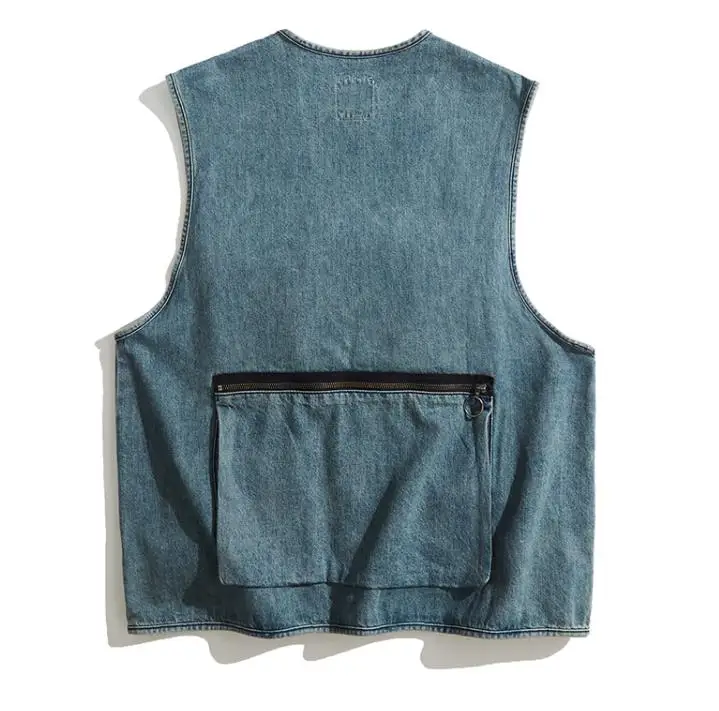 Multi Pocket Men's Cargo Vest Japan Vintage Denim Casual Reporter Loose Sleeveless Jacket Cotton Jean Cowboy Coat For Men Women