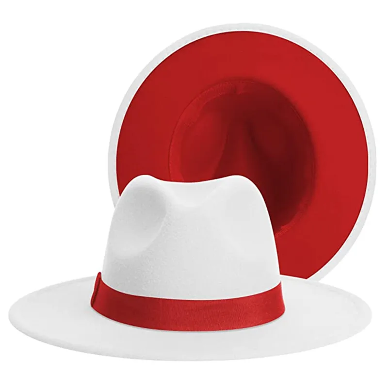 Białe patchworkowe czapki Fedora z szerokim rondem dla kobiet Klasyczne dwukolorowe filcowe czapki Fedora dla mężczyzn Moda Kowbojski kapelusz jazzowy Brązowy pasek
