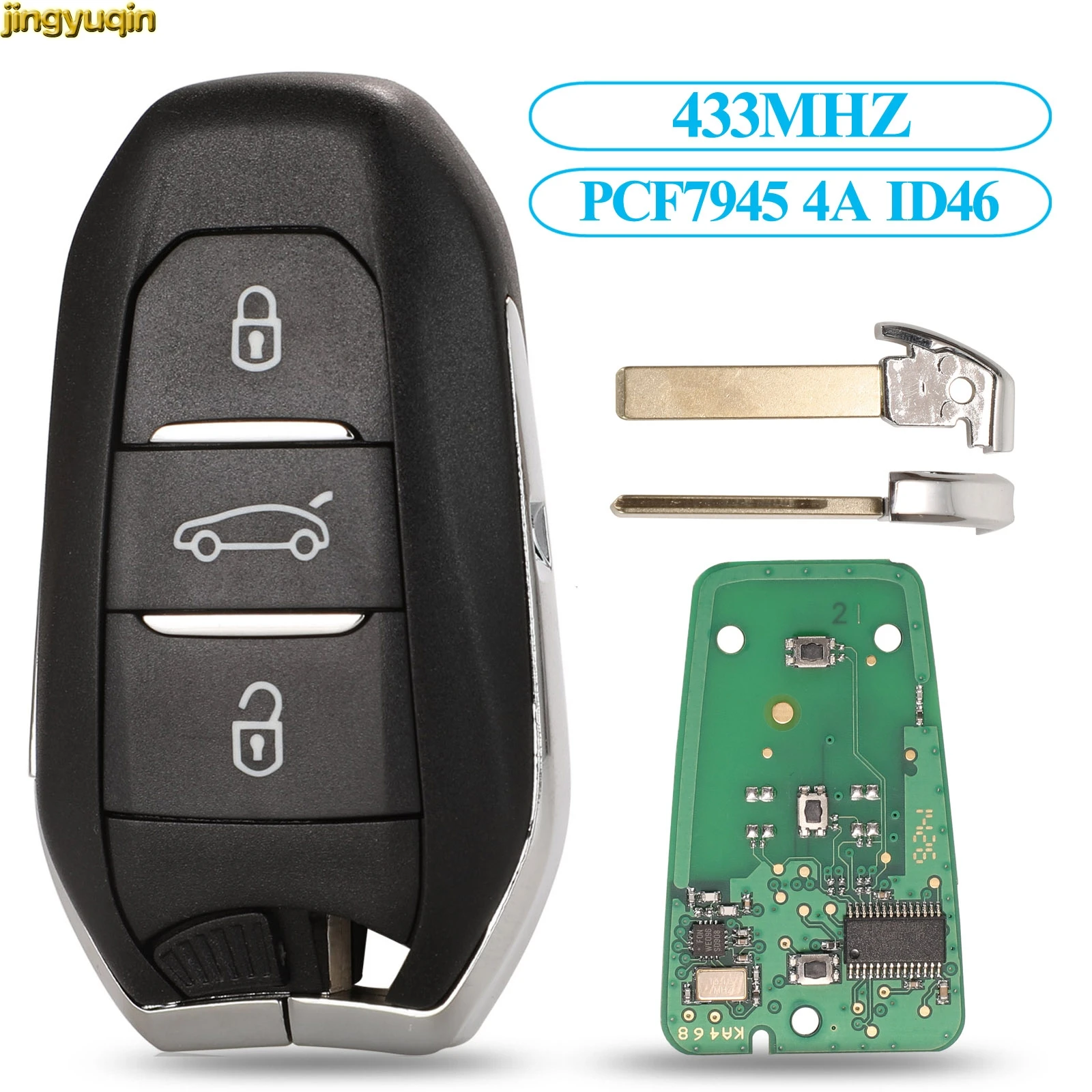 

Jingyuqin Smart Keyless-Go Remote Car Key 433MHZ PCF7945 4A ID46 Chip For Peugeot 308 408 508 5008 Emergency HU83/VA2 3 Buttons