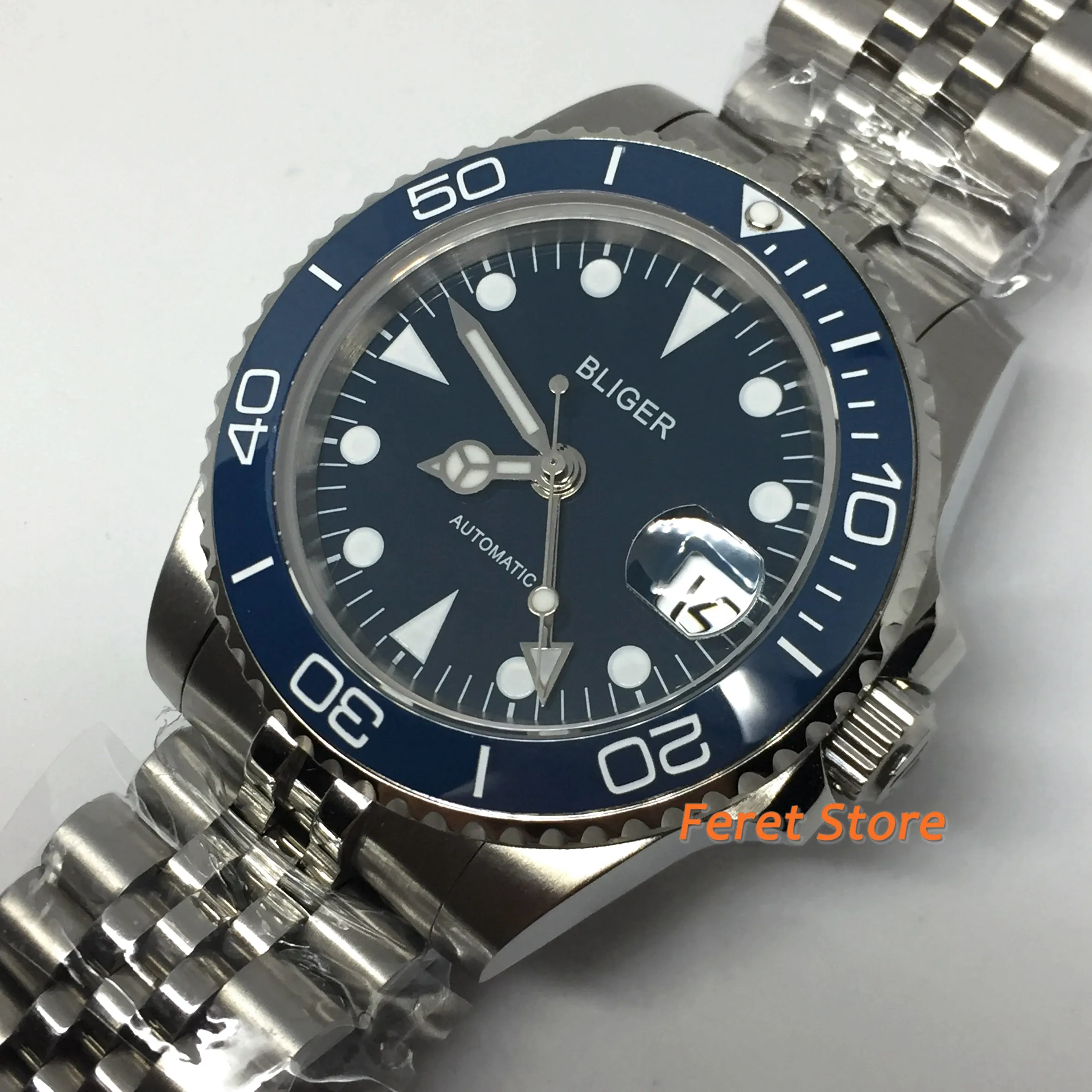 Bliger 40Mm Mens Watch Perak Case Stainless Strap Sapphire Glass Ceramic Bezel GMT Jendela Tanggal Tahan Air Automatic Watch