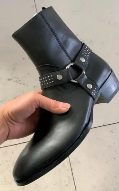 Men Chelsea Boots Black Genuine Leather Cross Buckle Ankle Boots Flats Side Zipper big size 45 46 for shoes man