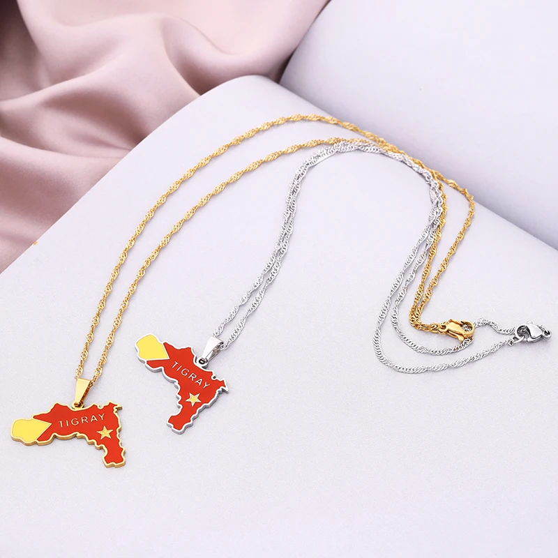 Fashion Enamel Gold Color Tigray Region Map Flag of Ethiopia Pendant Necklaces for Women Girls stainless steel jewelry