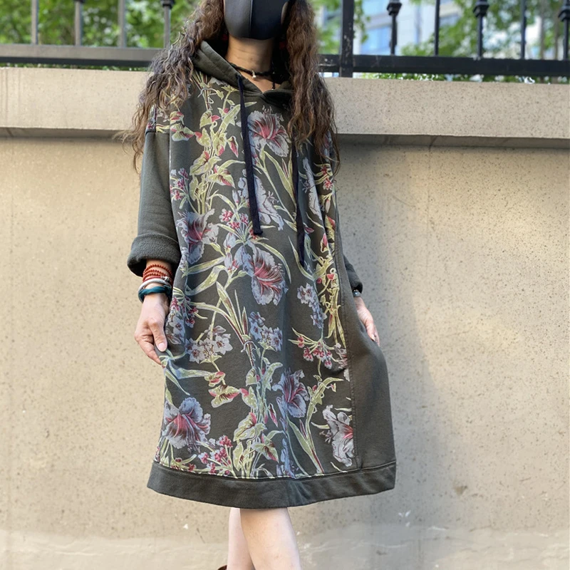 Max LuLu Autumn 2021 Vintage Printed Hooded Dress Women Casual Loose Vestidos Female Harajuku Floral Punk Fitness Long Clothes