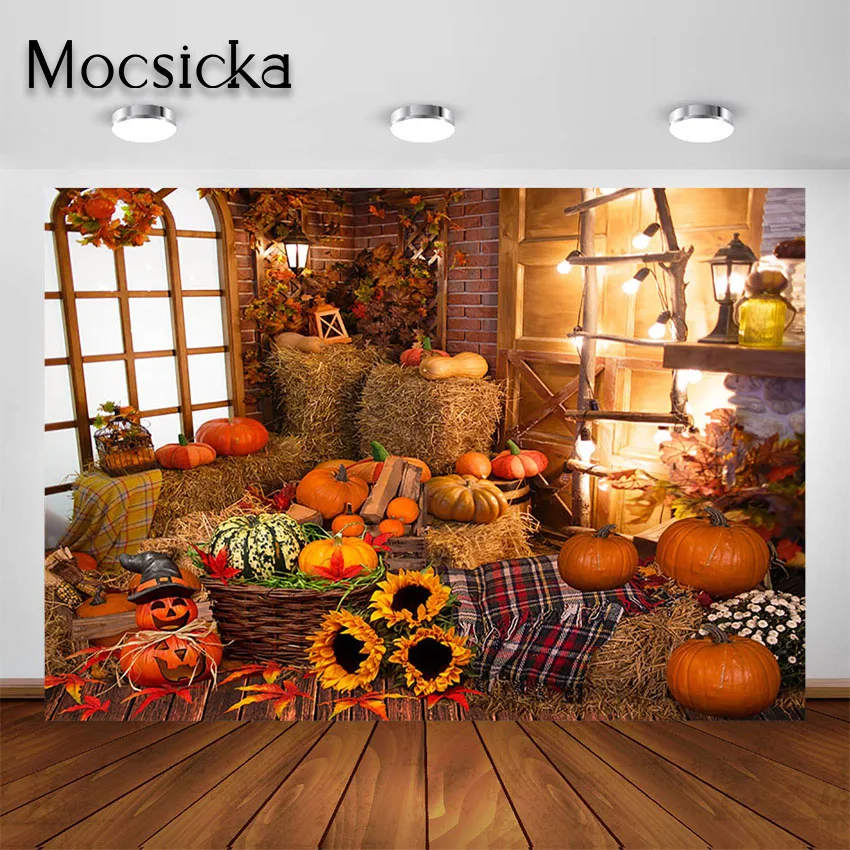 Mocsicka Thanksgiving Autumn Backdrop Halloween Fall Pumpkin Haystack Child Portrait Photography Background for Photo Studio