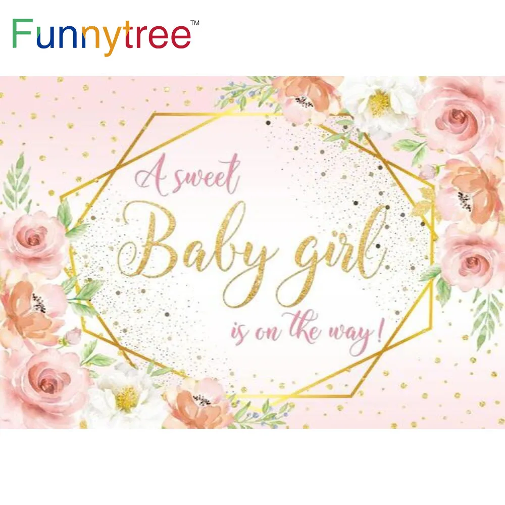 

Funnytree A Sweet Baby Girl Is On The Way Backdrop Pink Flower Baby Shower Birthday Party Supplies Props Custom Decor Background